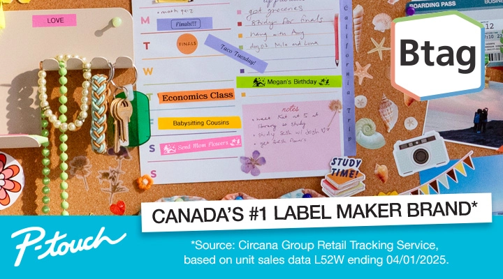 Corkboard covered with Btag P-touch labels — Canada's #1 label maker brand