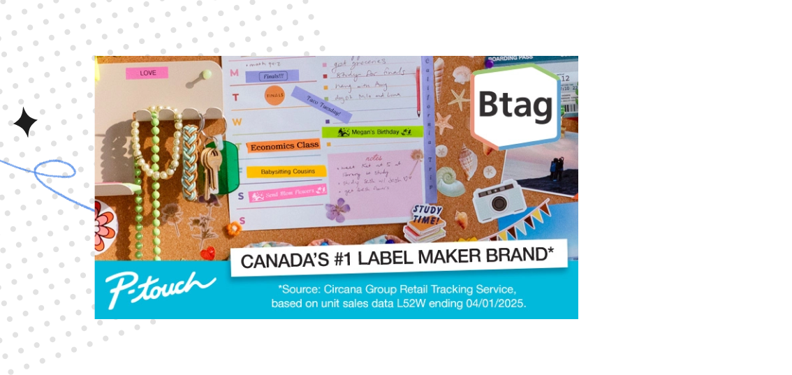 Corkboard covered with Btag P-touch labels — Canada's #1 label maker brand