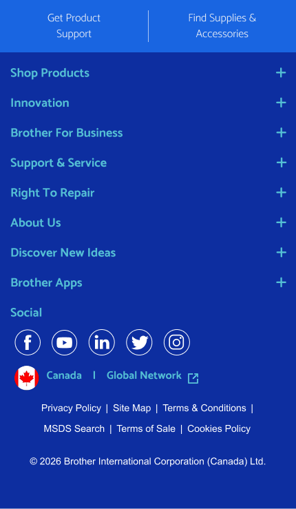 Brother footer — links, social and legal