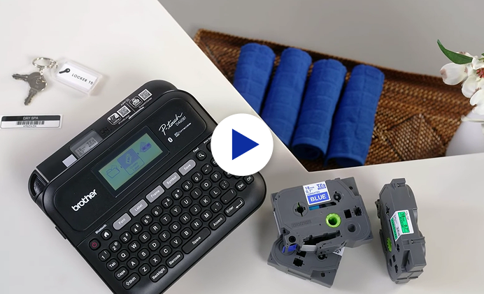 P-touch label maker with label tape cartridges and blue supplies