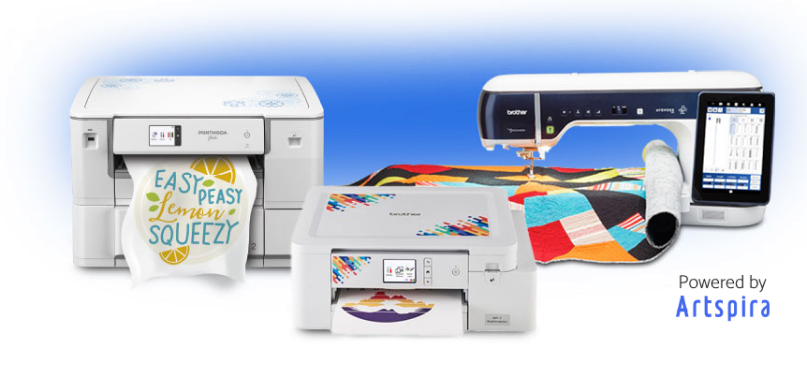 Brother printers and embroidery machine with an Easy Peasy Lemon Squeezy print and a quilt, Powered by Artspira